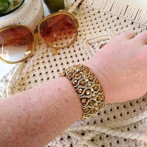 Vintage gold bracelet bronze wide beaded stretchy